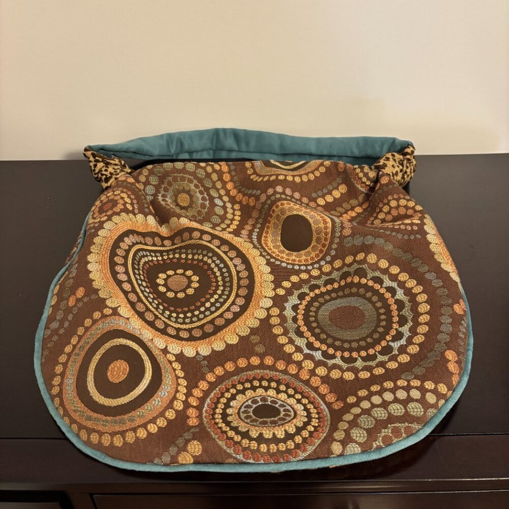 Atenti Brown and Teal Circle Patterned Embroidered Fabric Hobo Shoulder Bag - Picture 7 of 10